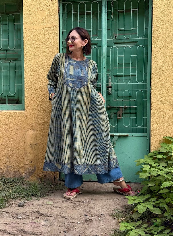 Indigo Ajrakh Flared Kurta Dress
