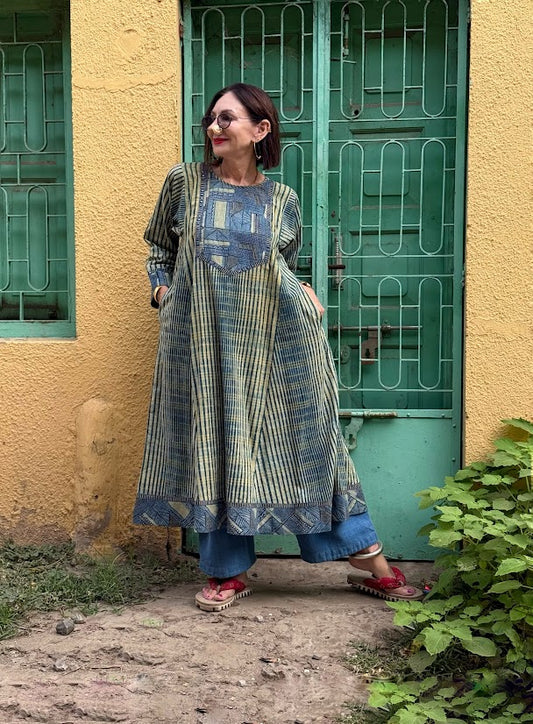 Indigo Ajrakh Flared Kurta Dress