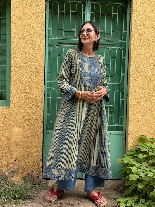Indigo Ajrakh Flared Kurta Dress