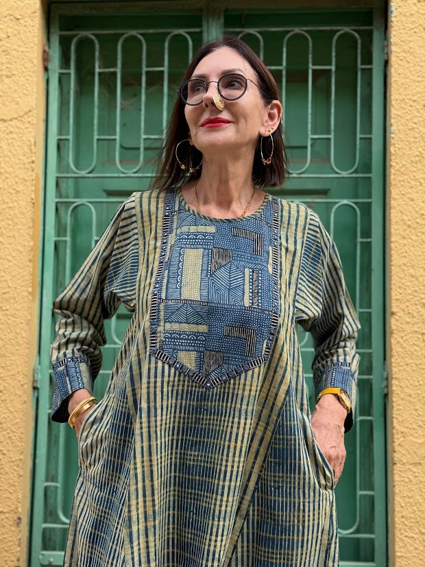 Indigo Ajrakh Flared Kurta Dress