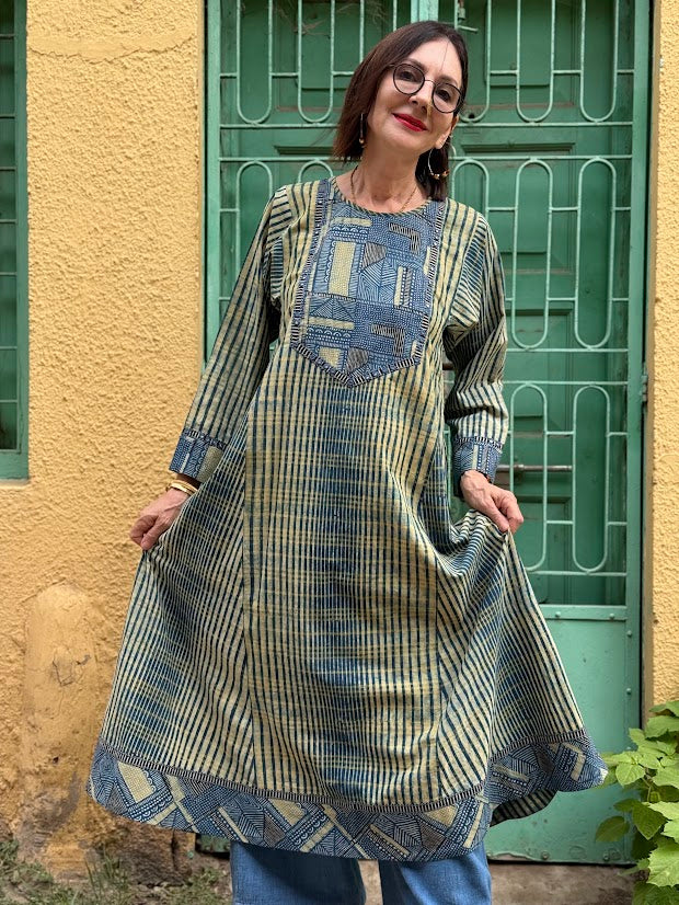Indigo Ajrakh Flared Kurta Dress