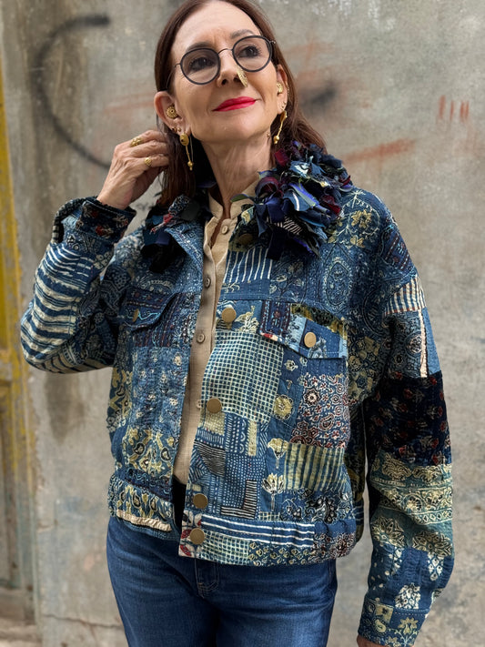 Handcrafted Ajrakh Patchwork Bomber Jacket Luxe Art Wear Design