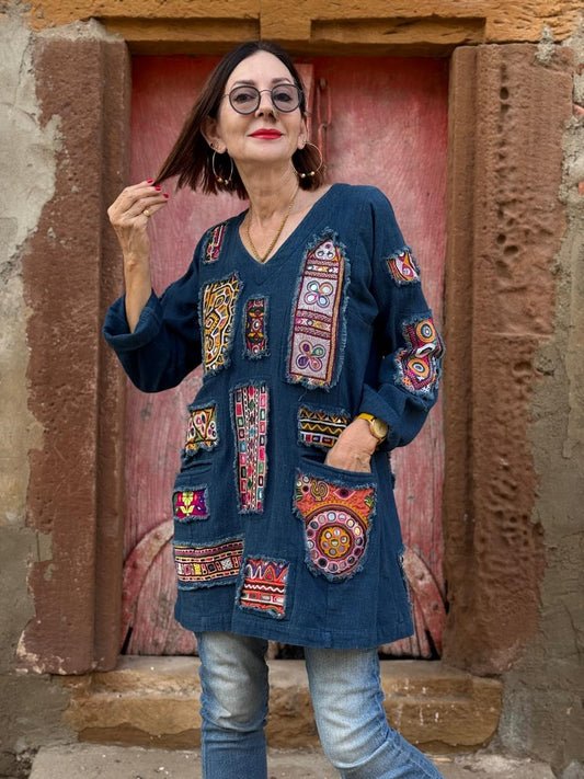 Array of Kutch – Indigo Handloom Tunic, showcasing a dazzling mix of mirror work patches
