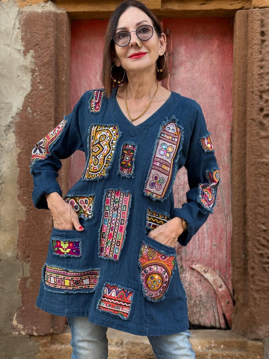 Array of Kutch – Indigo Handloom Tunic, showcasing a dazzling mix of mirror work patches