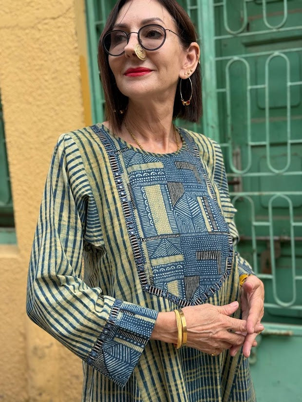Indigo Ajrakh Flared Kurta Dress