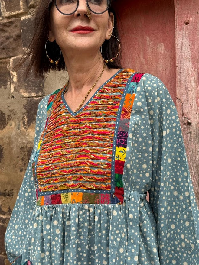 Handcrafted Ajrakh Block Print Dress with Appliqué Details