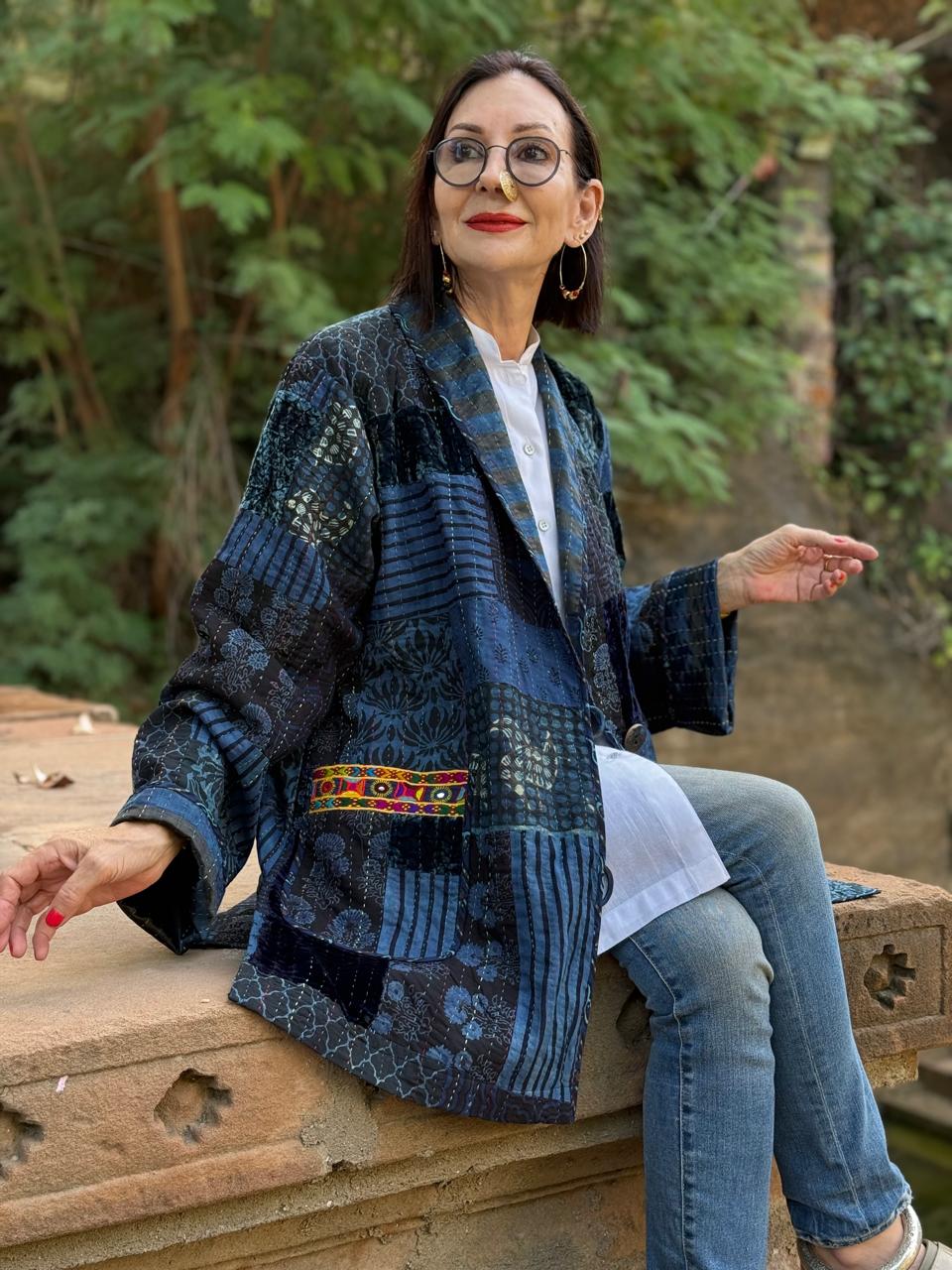 Hand-Quilted Ajrakh Patchwork Jacket with Kutch Embroidered Pockets