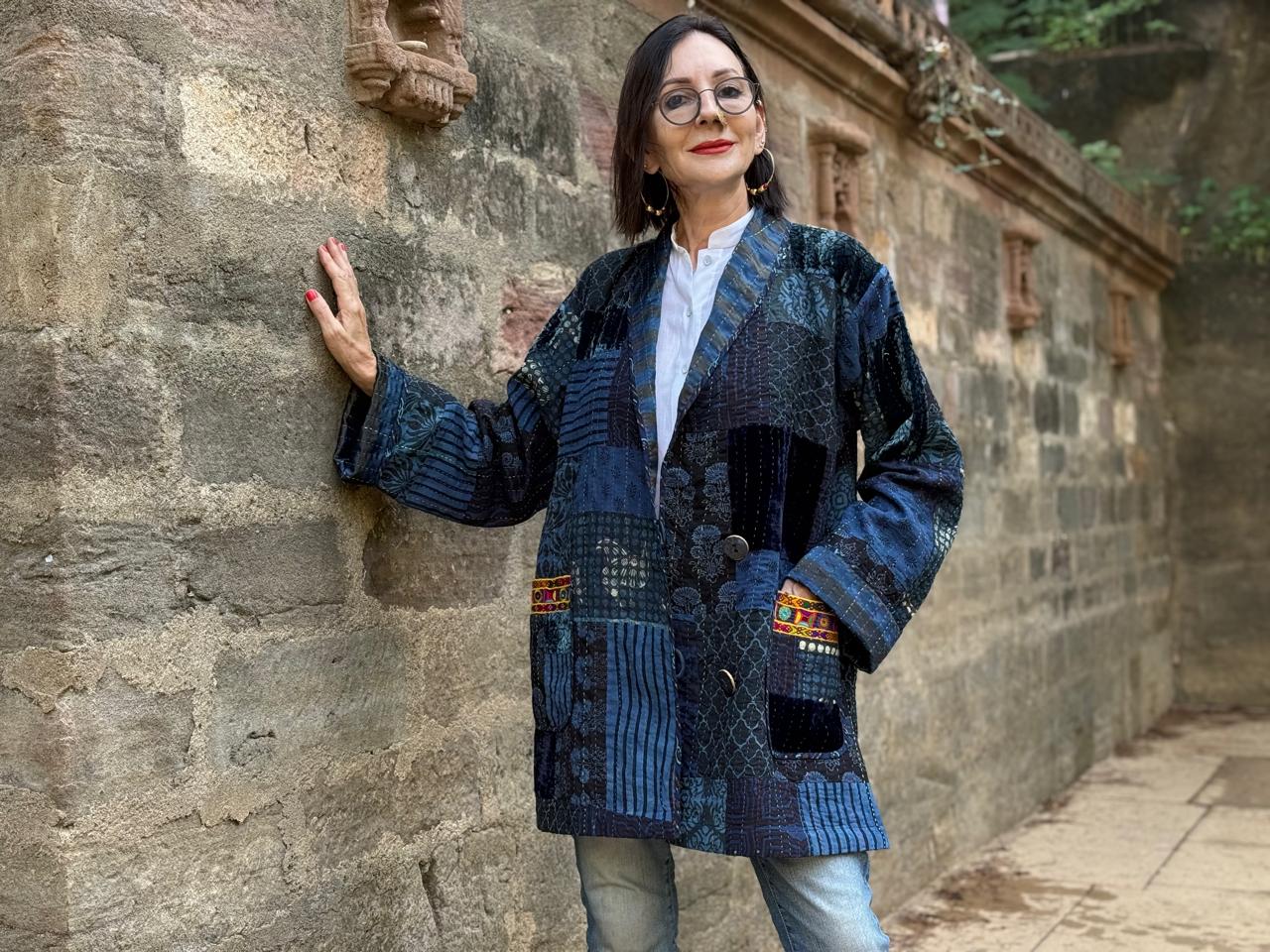 Hand-Quilted Ajrakh Patchwork Jacket with Kutch Embroidered Pockets