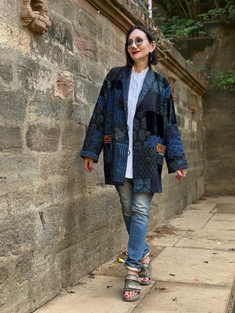 Hand-Quilted Ajrakh Patchwork Jacket with Kutch Embroidered Pockets