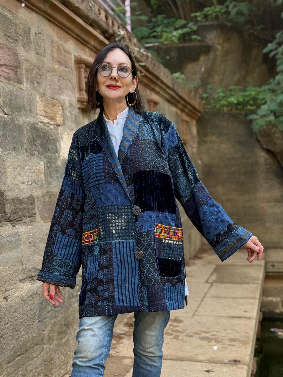 Hand-Quilted Ajrakh Patchwork Jacket with Kutch Embroidered Pockets