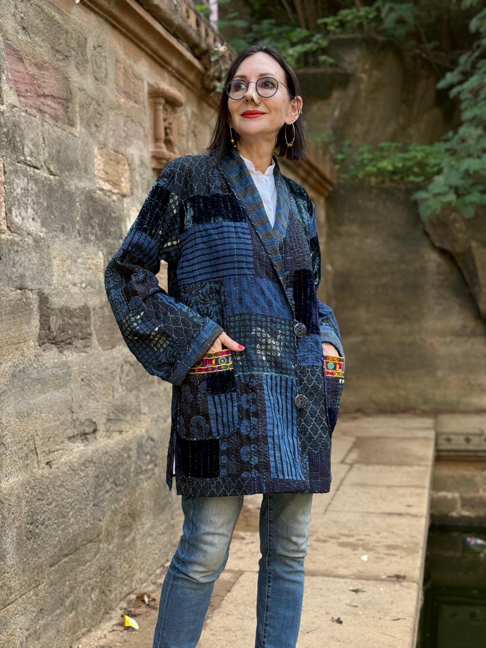Hand-Quilted Ajrakh Patchwork Jacket with Kutch Embroidered Pockets
