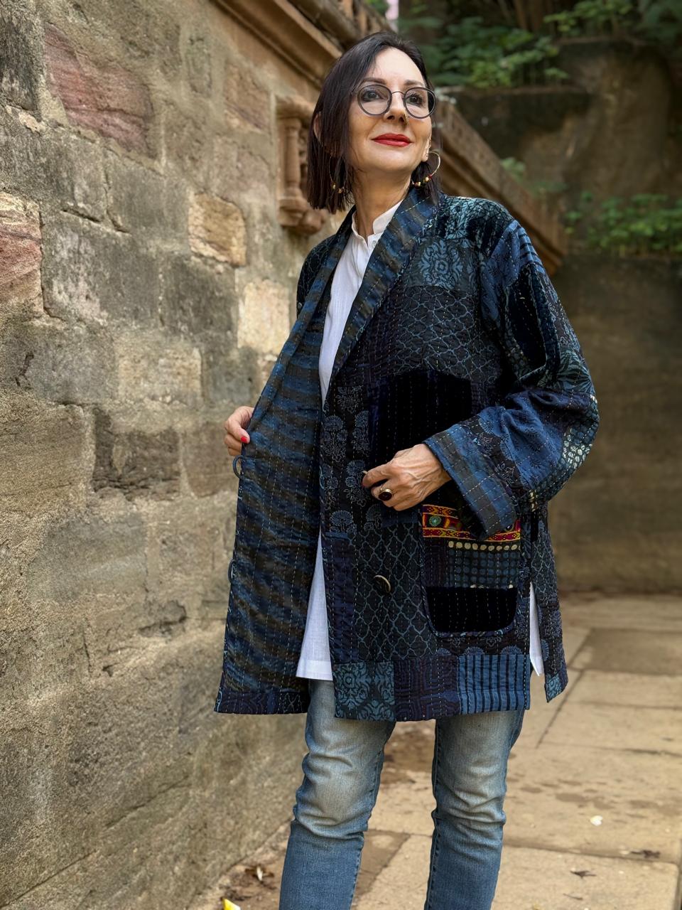 Hand-Quilted Ajrakh Patchwork Jacket with Kutch Embroidered Pockets