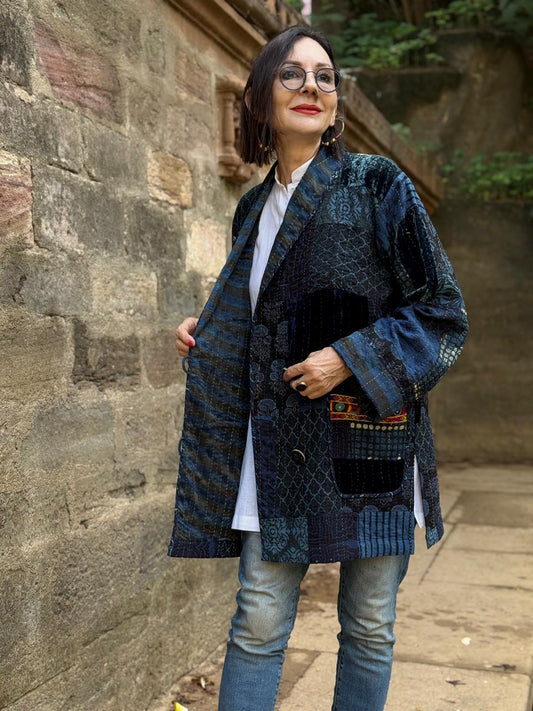 Hand-Quilted Ajrakh Patchwork Jacket with Kutch Embroidered Pockets