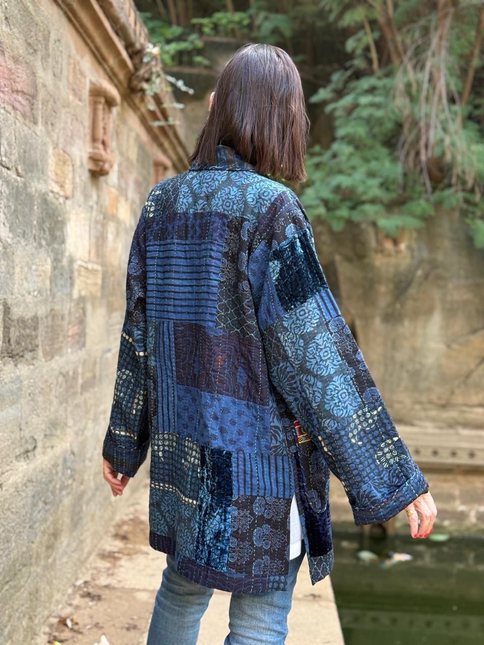 Hand-Quilted Ajrakh Patchwork Jacket with Kutch Embroidered Pockets
