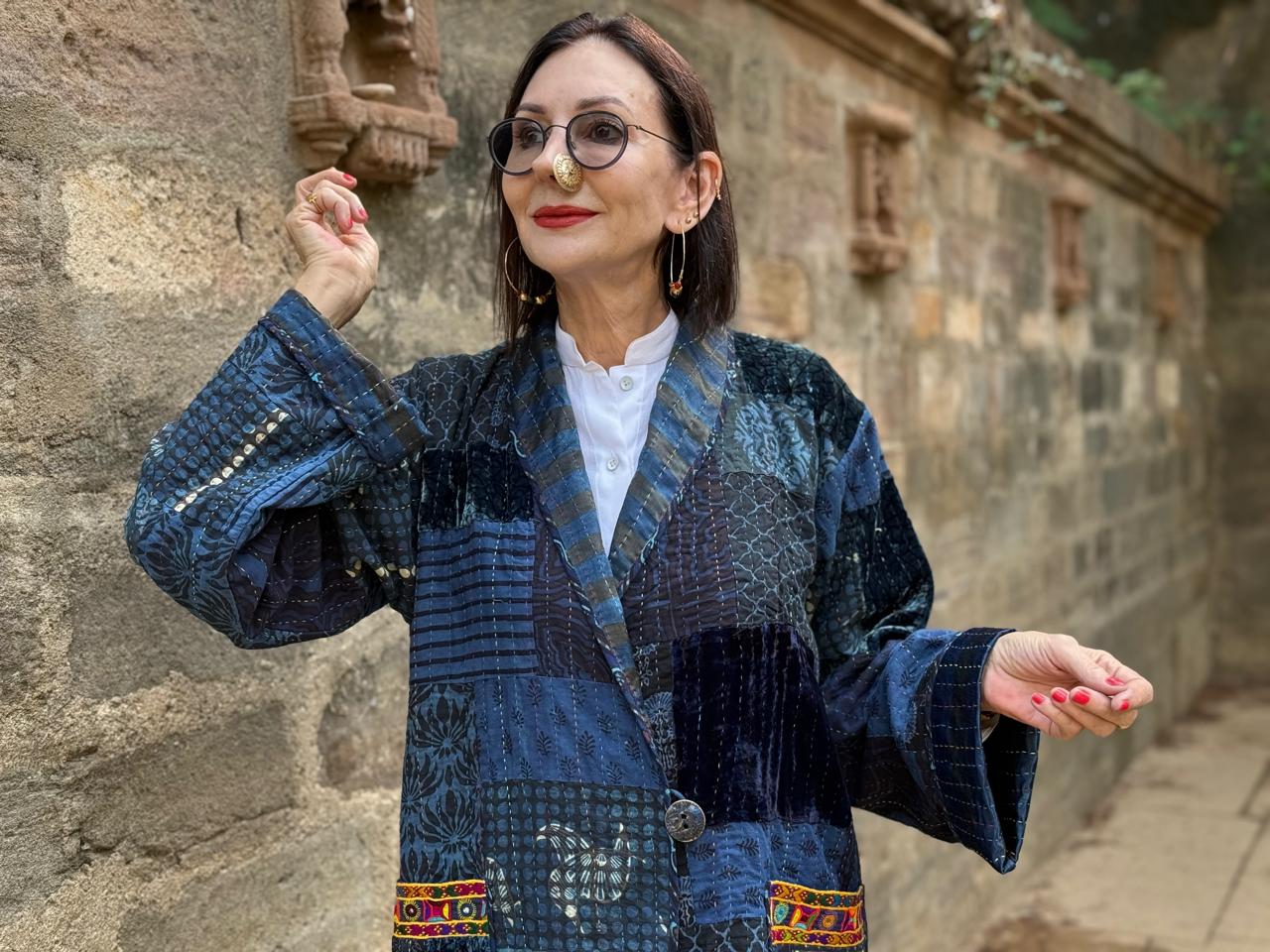 Hand-Quilted Ajrakh Patchwork Jacket with Kutch Embroidered Pockets