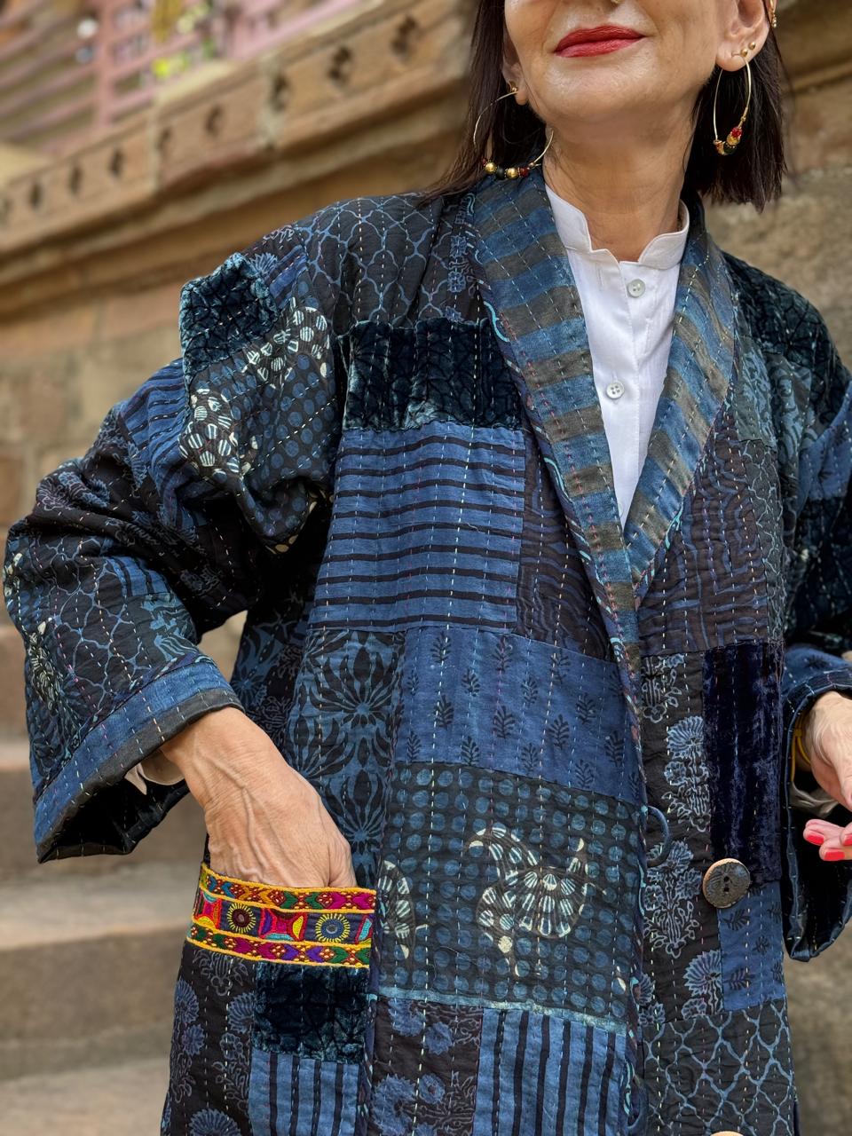 Hand-Quilted Ajrakh Patchwork Jacket with Kutch Embroidered Pockets