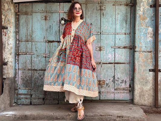 Kutch Tribal Embroidery Dress in Ajrakh