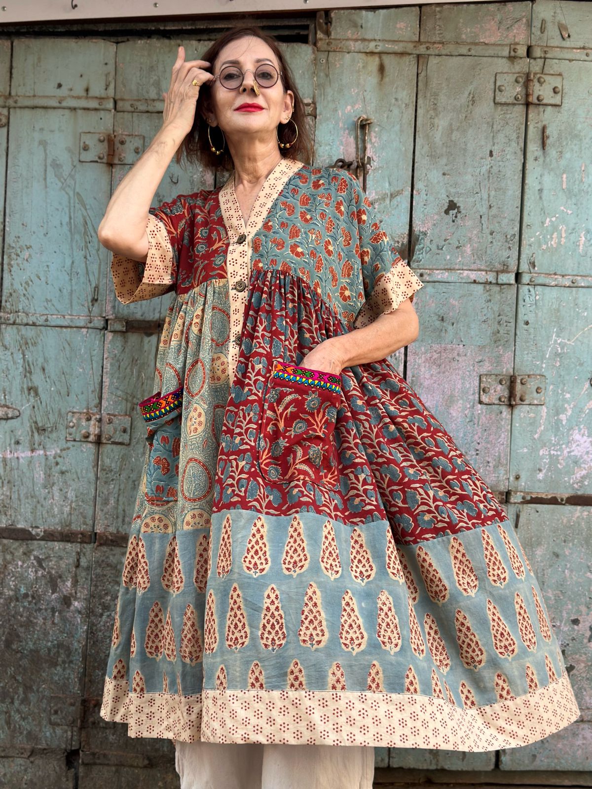 Kutch Tribal Embroidery Dress in Ajrakh