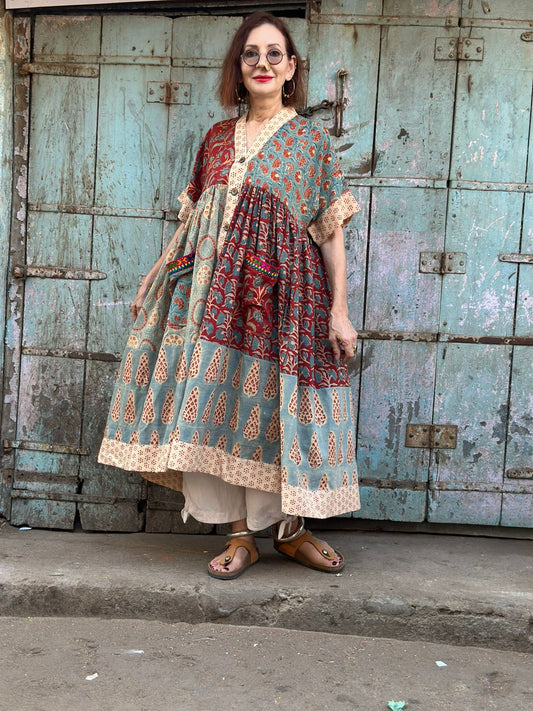 Kutch Tribal Embroidery Dress in Ajrakh