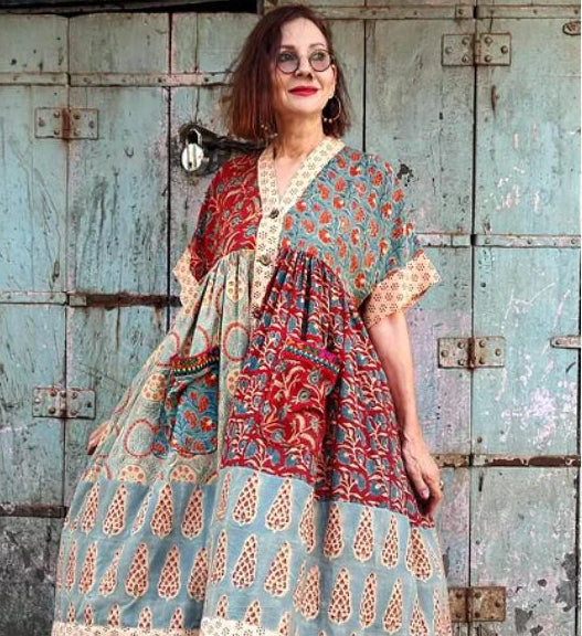 Kutch Tribal Embroidery Dress in Ajrakh