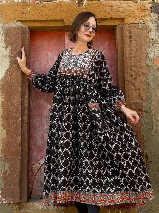 Black Ajrakh Mirrorwork Dress