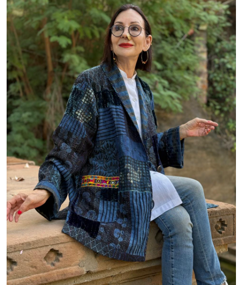 Hand-Quilted Ajrakh Patchwork Jacket with Kutch Embroidered Pockets