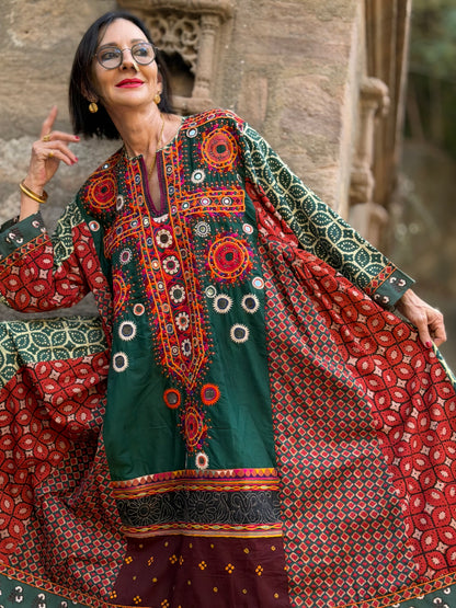 XXL Madame Hall 1-of-1 Green Artwear Dress with Rare Heritage Kutch Embroidered Yoke
