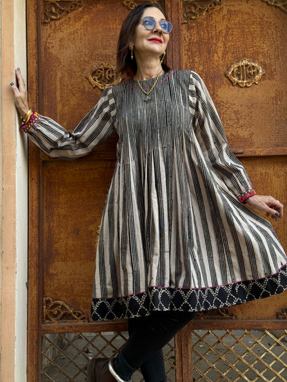 Ajrakh Stripe Cotton Dress with Colorful Embroidered Cuffs & Tucked Bodice