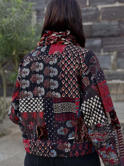 Handcrafted Ajrakh Patchwork Bomber Jacket - Luxe Art-to-Wear Design