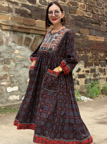 Dark indigo Ajrakh dress with fine Kutch hand embroidery