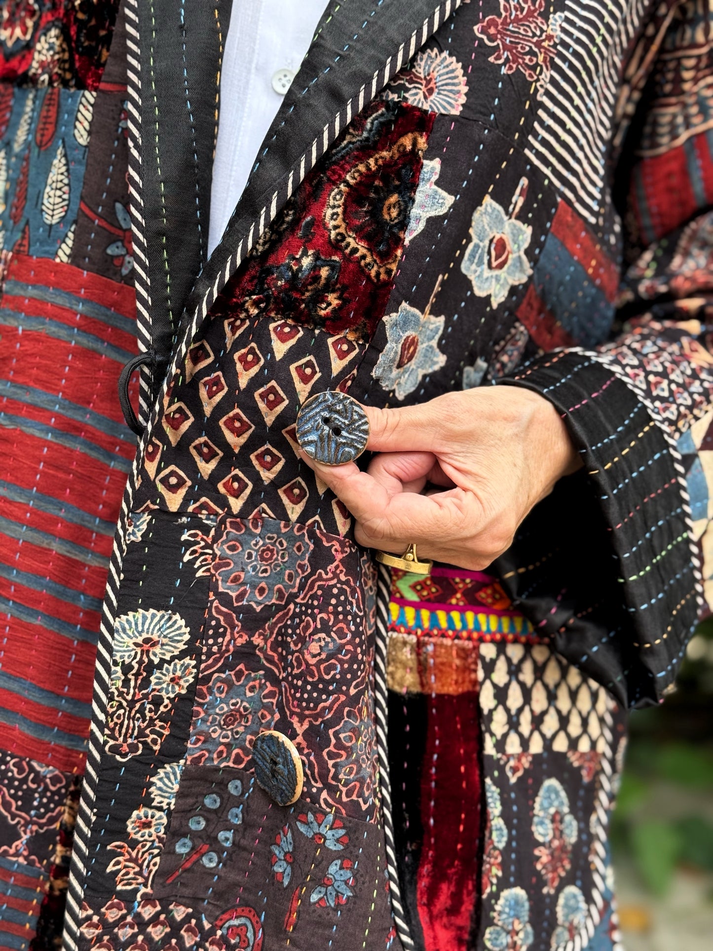 Hand quilted patchwork jacket of luxe Ajrakh