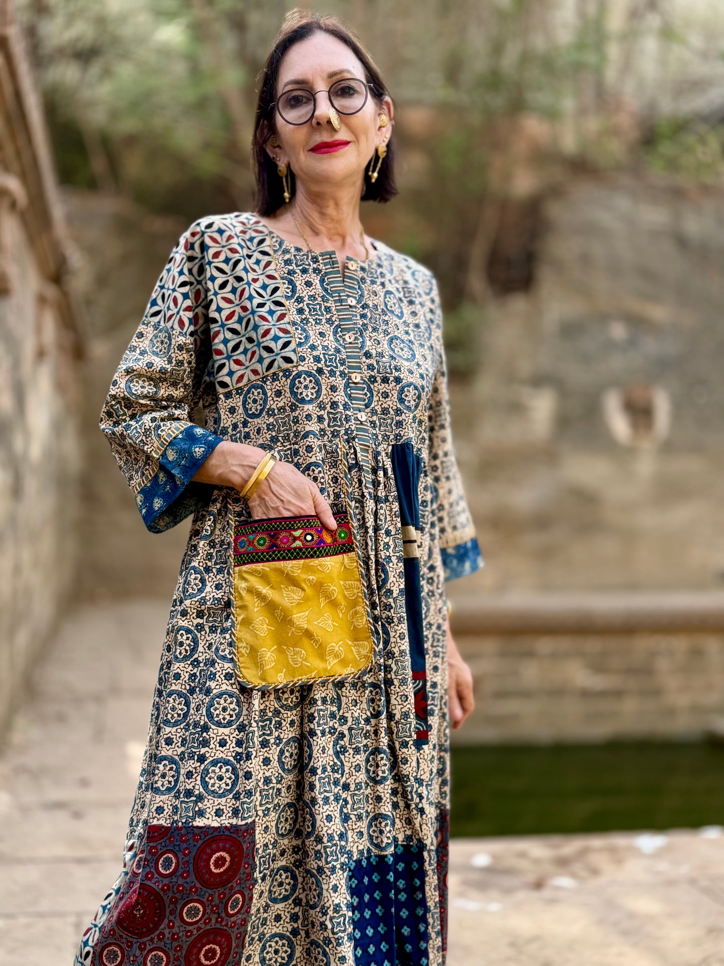 Indigo Cotton Patch Dress with Kutch Embroidery