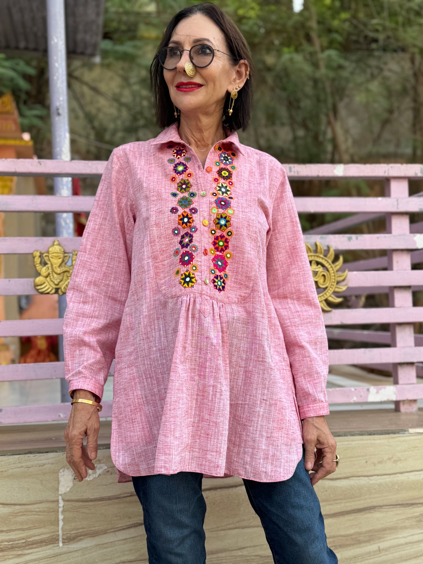 Khadi Cotton Pink Embroidery Shirt