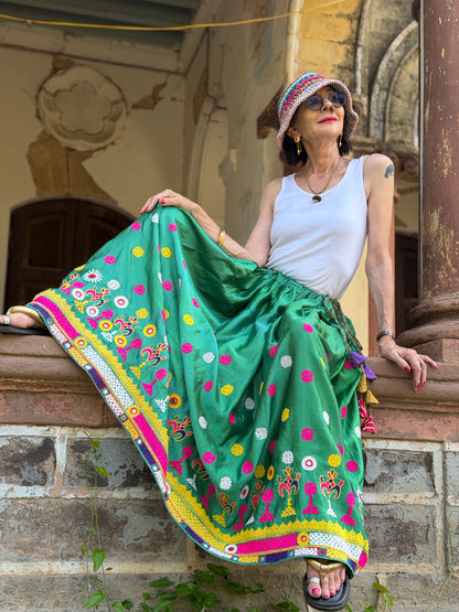 Vintage Emerald Green Hand-Embroidered Silk Navratri Midi Skirt