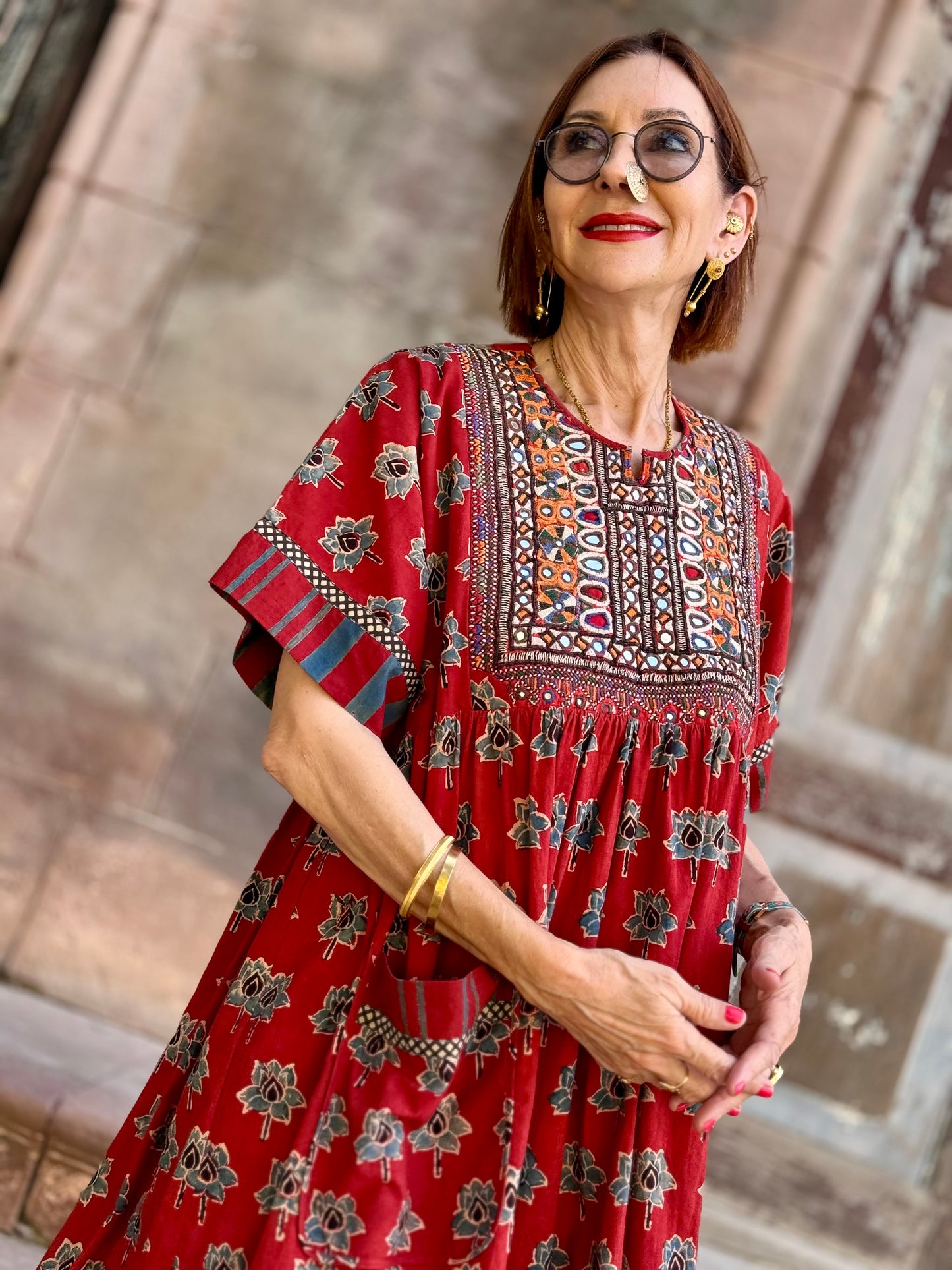 Kutch embroidery highlights this Ajrakh dress