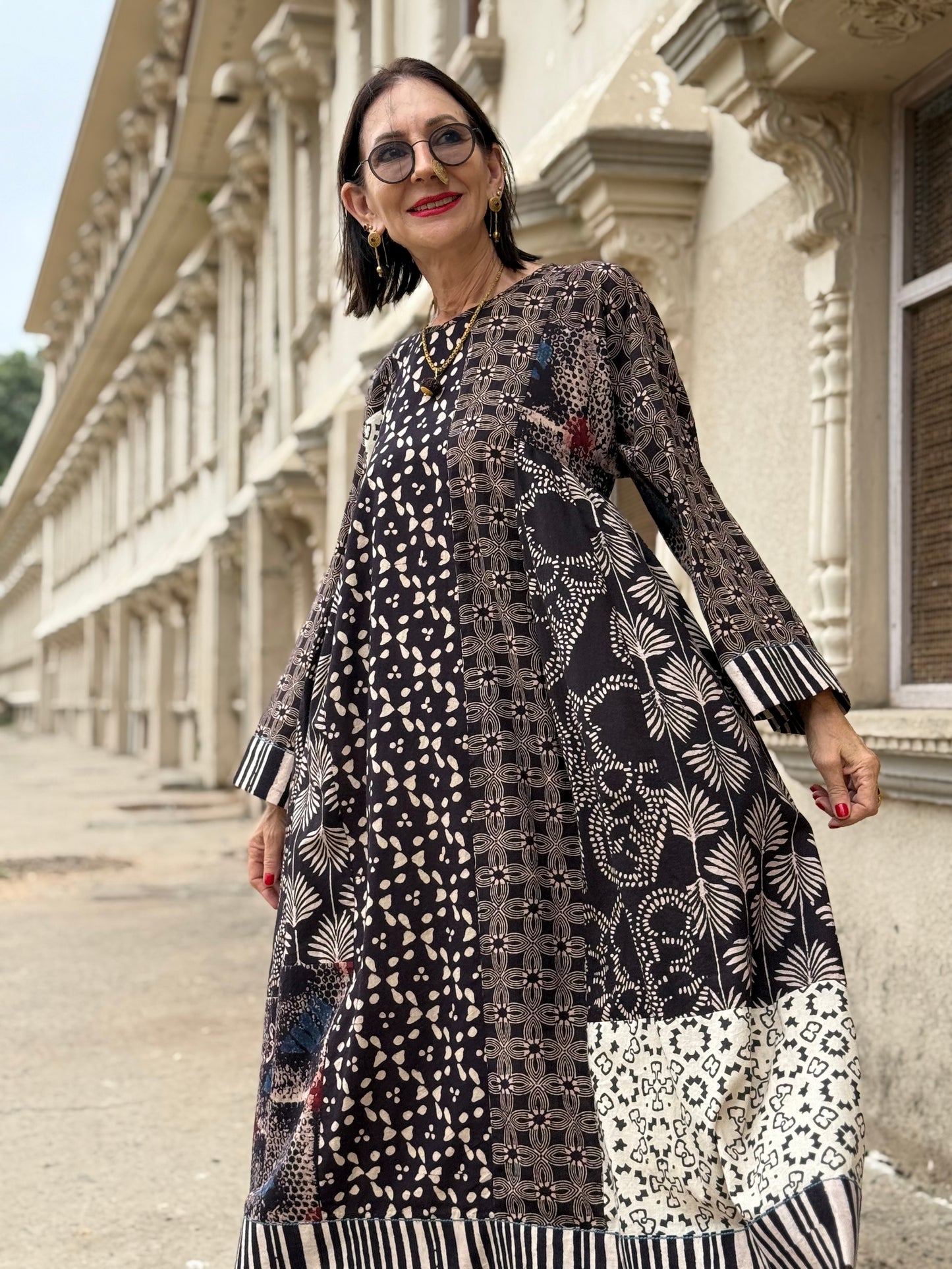 Black and White Cotton Ajrakh Dress