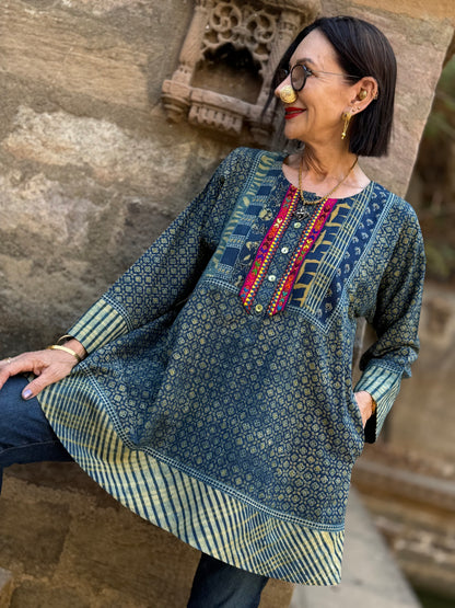 Hand Embroidered Indigo Cotton Tunic