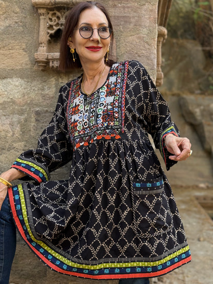 Black Cotton Kutch Embroidery Tunic