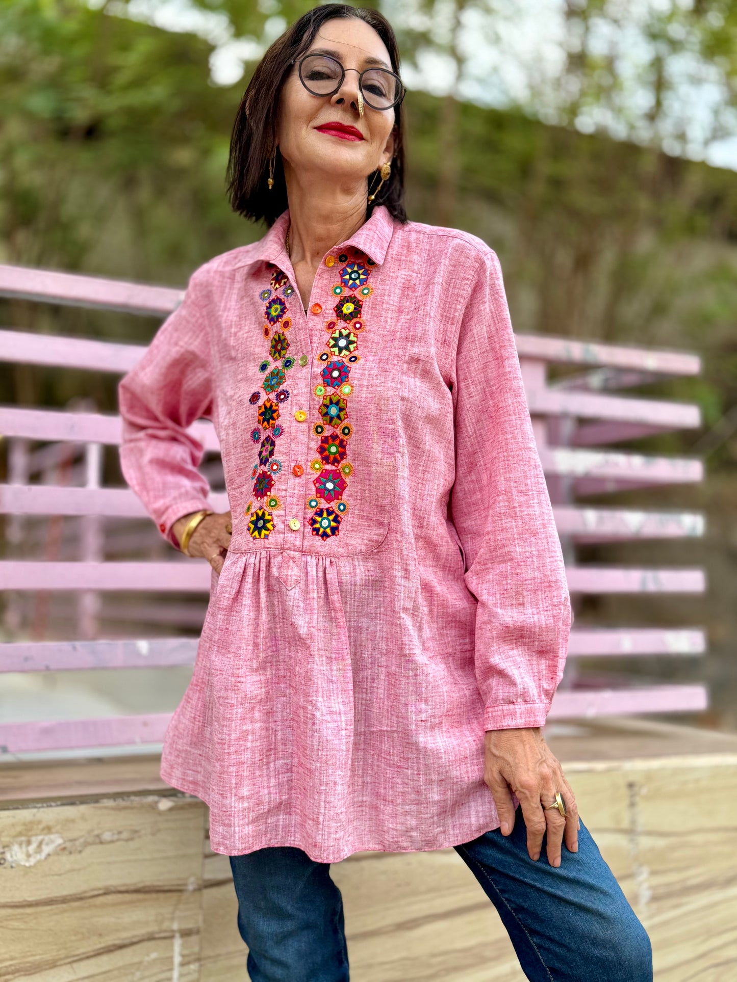 Khadi Cotton Pink Embroidery Shirt