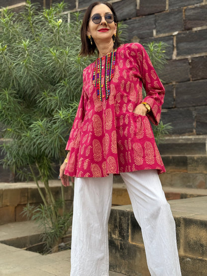 Pink Paisley Tunic with Colorful Hand Embroidery
