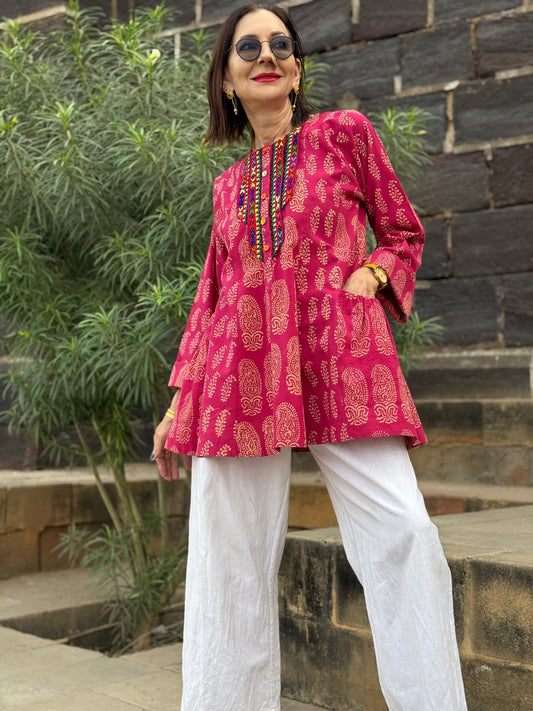 Pink Paisley Tunic with Colorful Hand Embroidery