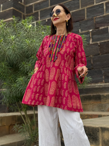 Pink Paisley Tunic with Colorful Hand Embroidery