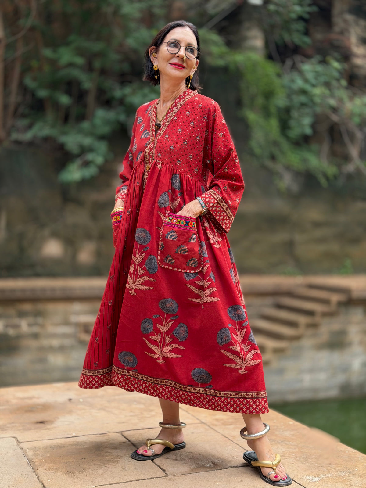Limited Edition Ajrakh Floral Cotton Resort Dress with Kutch Embroidery