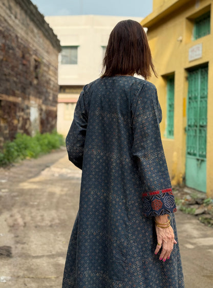 Indigo Ajrakh Kurta with Kutch Embroidery