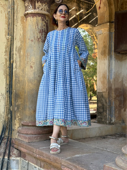 Blue Check Khadi Cotton Dress