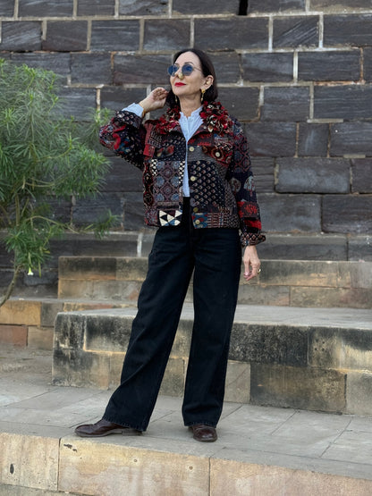 Handcrafted Ajrakh Patchwork Bomber Jacket - Luxe Art-to-Wear Design