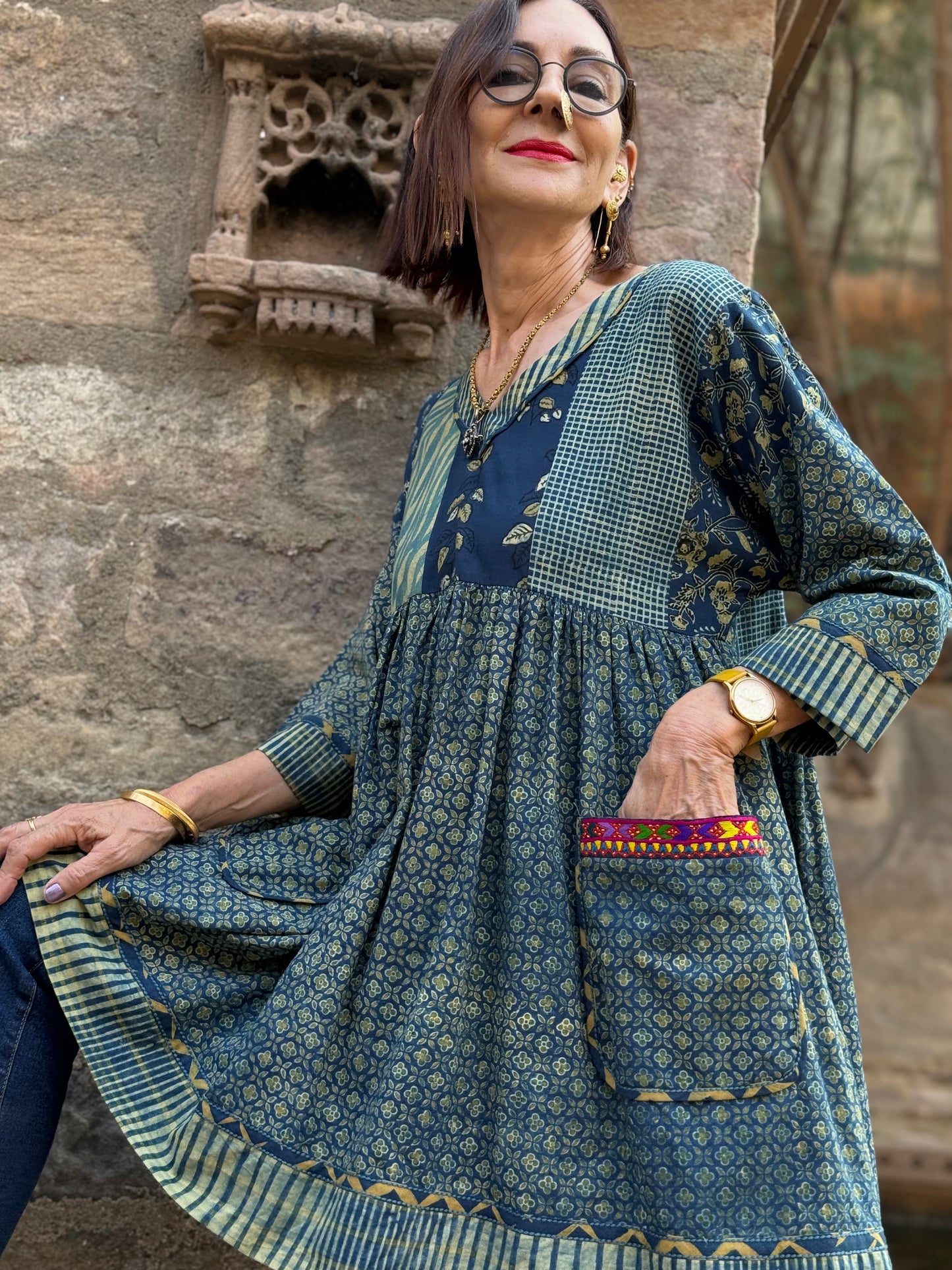 Indigo Ajrakh Tunic With Kutch Embroidery