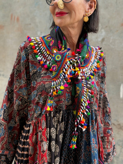 Hand embroidered scarf with beadwork and colorful tassels