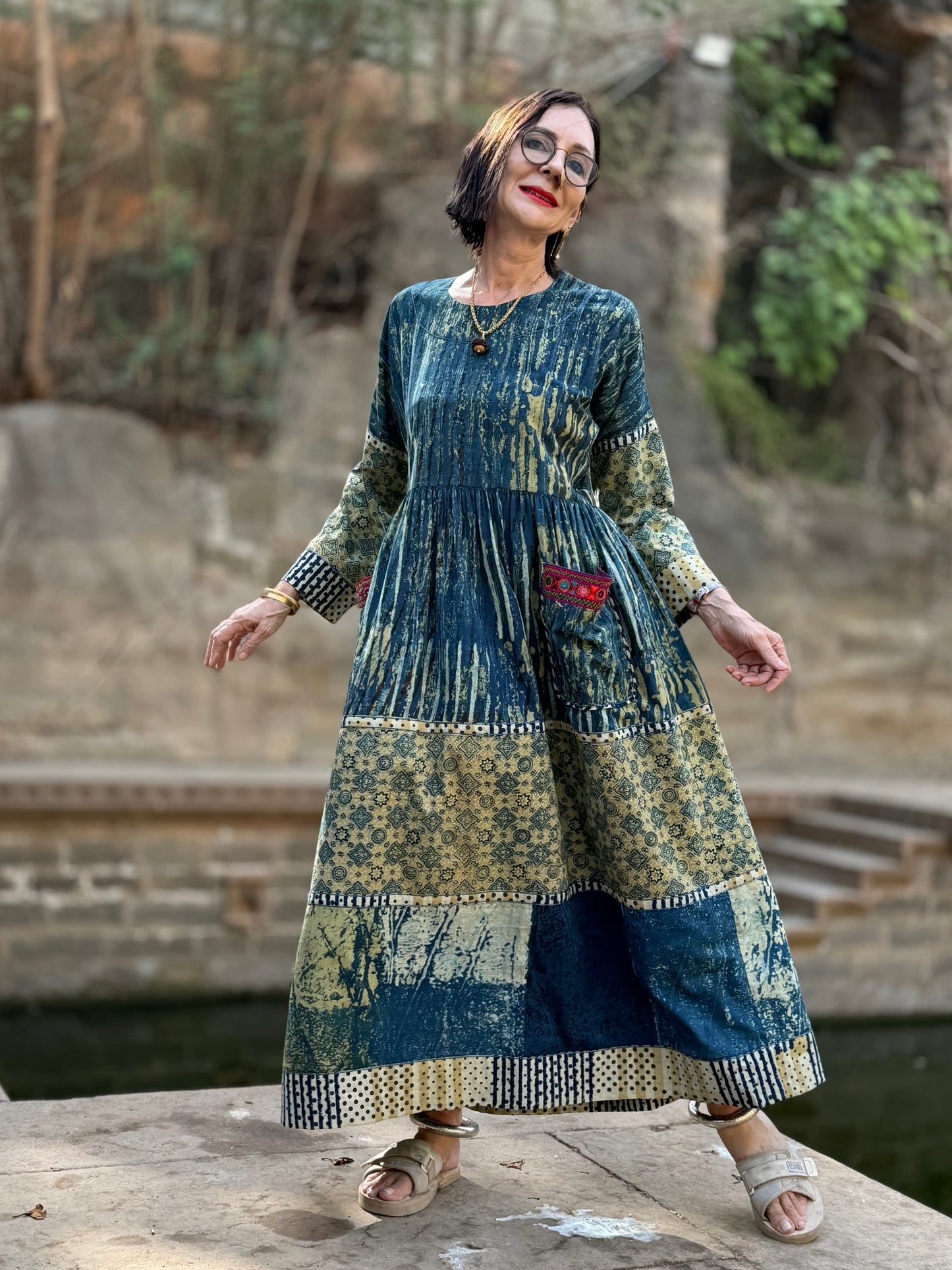 Arty cotton dress in hand printed indigo