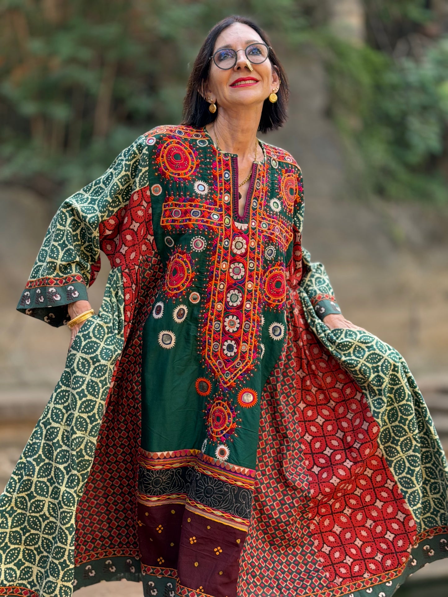 XXL Madame Hall 1-of-1 Green Artwear Dress with Rare Heritage Kutch Embroidered Yoke